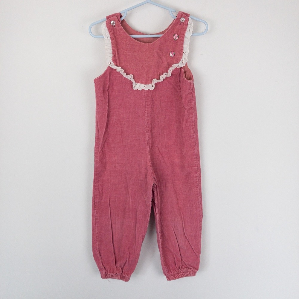VTG New York Corduroy Romper Kids 2‎ Pink Ruffle Flower 70s Retro Cottage